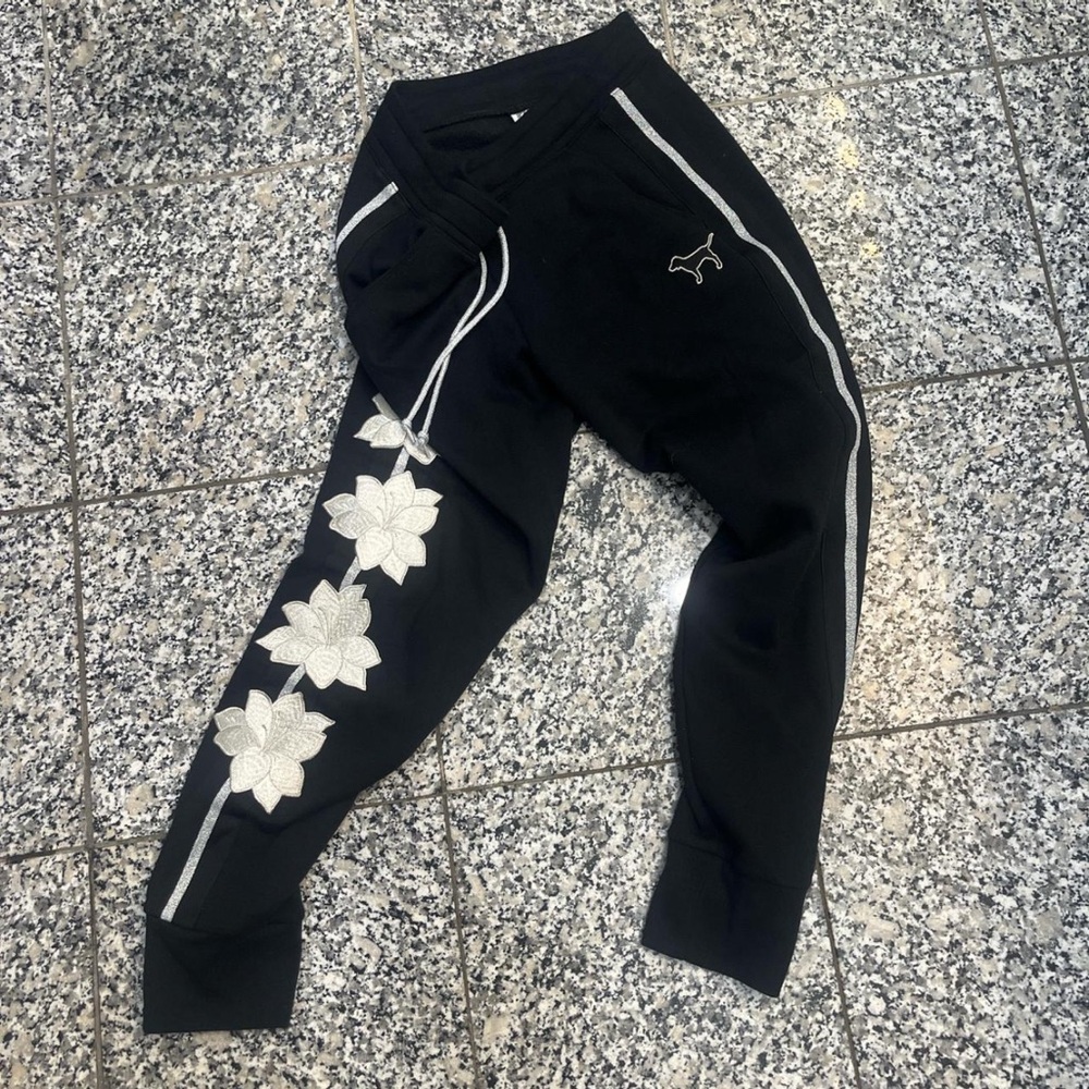 PINK Victoria's Secret Black Pants with White Floral Design